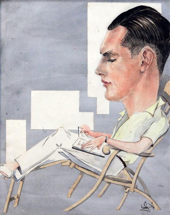 J.W.A. Caricatures of a gentleman wearing a sporting blazer and reclining in a steamer chair largest 14 x 10in.